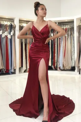 V Neck Mermaid Burgundy Satin Long Prom Dress with High Slit, Mermaid Burgundy Formal Graduation Evening Dress