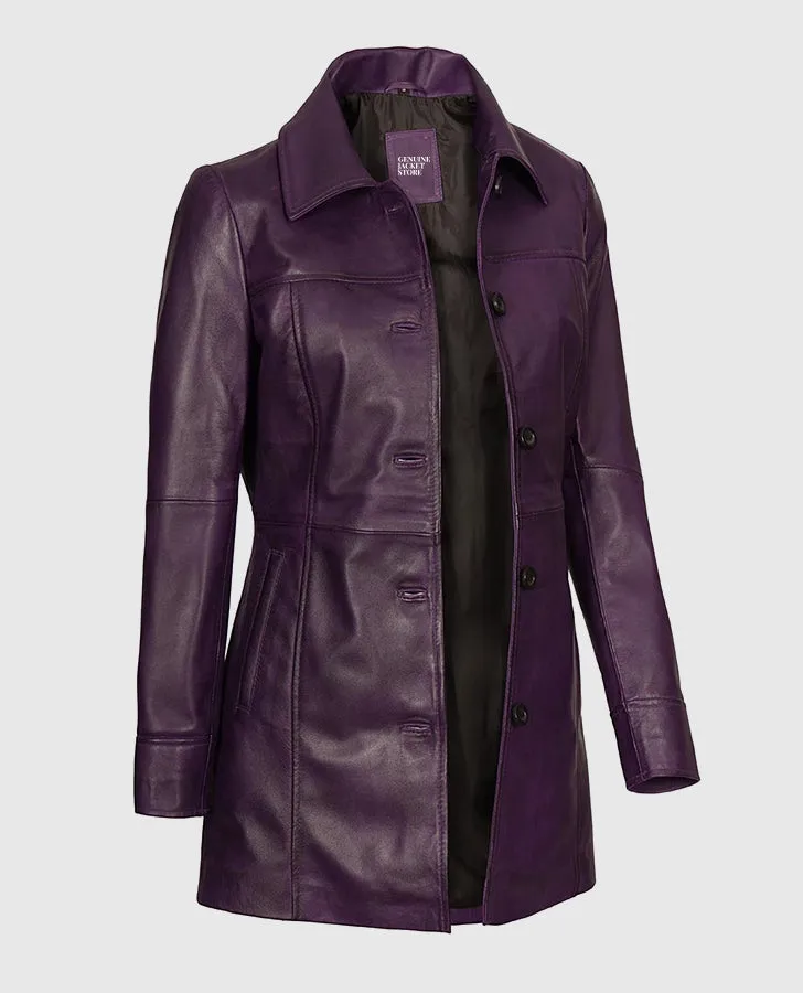 Women's Mid-Length Leather Purple Coat