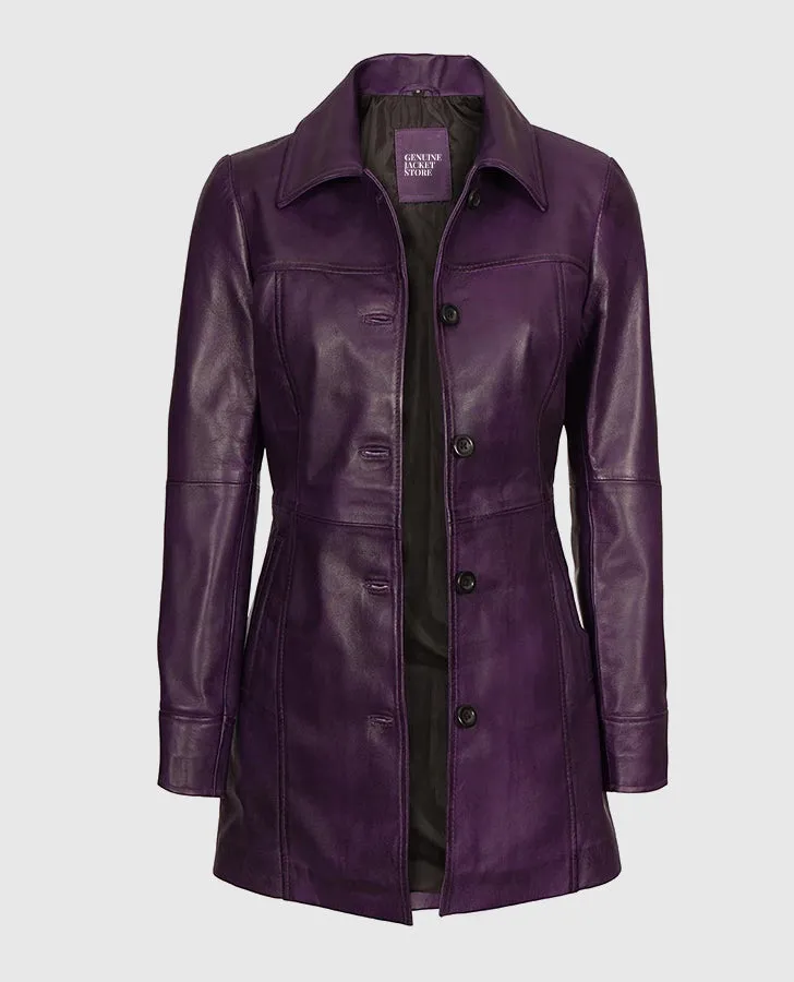 Women's Mid-Length Leather Purple Coat