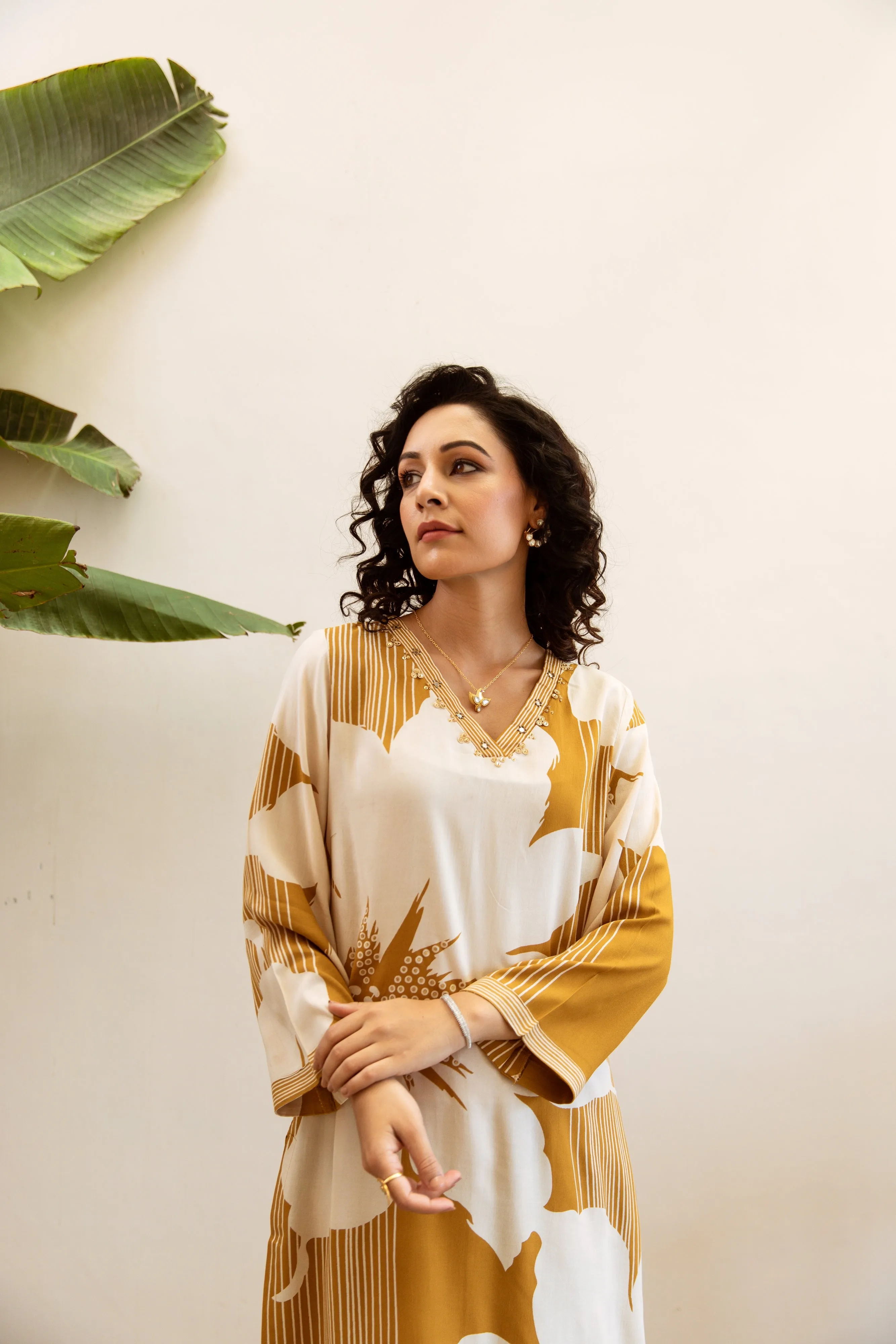 Women's Mustard::Off  White German rayon Kurta Palazzo Set