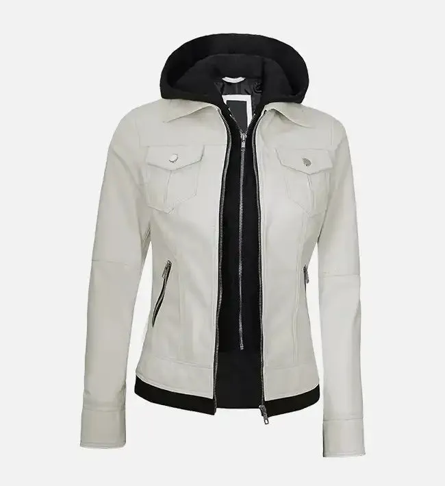 Women's Off White Leather Jacket With Hood