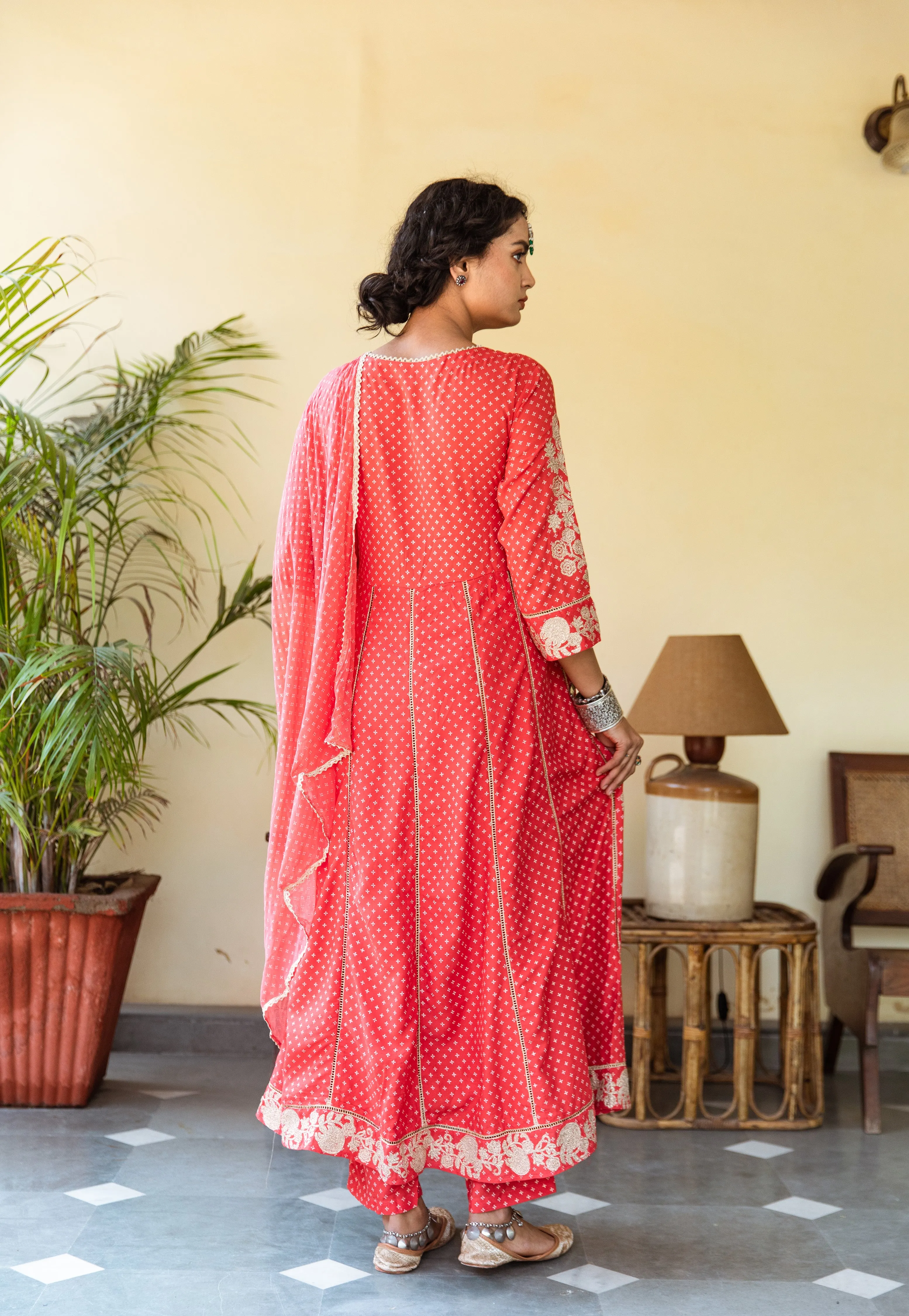 Womens Rayon Red Anarkali Kurta Pant and Dupatta With Fancy Potli Set