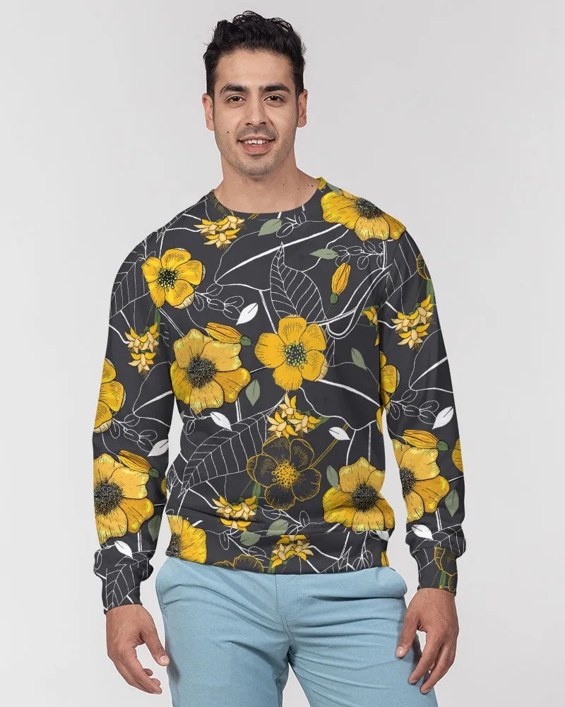 Yellow Flowers & Tropical Leaves Charcoal French Terry Crewneck Pullover Sweatshirt