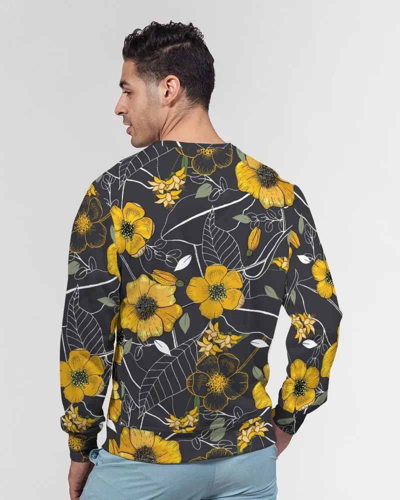 Yellow Flowers & Tropical Leaves Charcoal French Terry Crewneck Pullover Sweatshirt