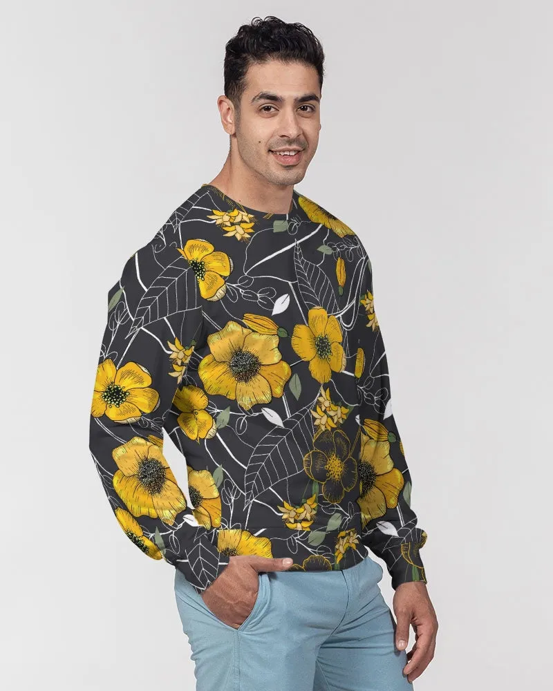 Yellow Flowers & Tropical Leaves Charcoal French Terry Crewneck Pullover Sweatshirt