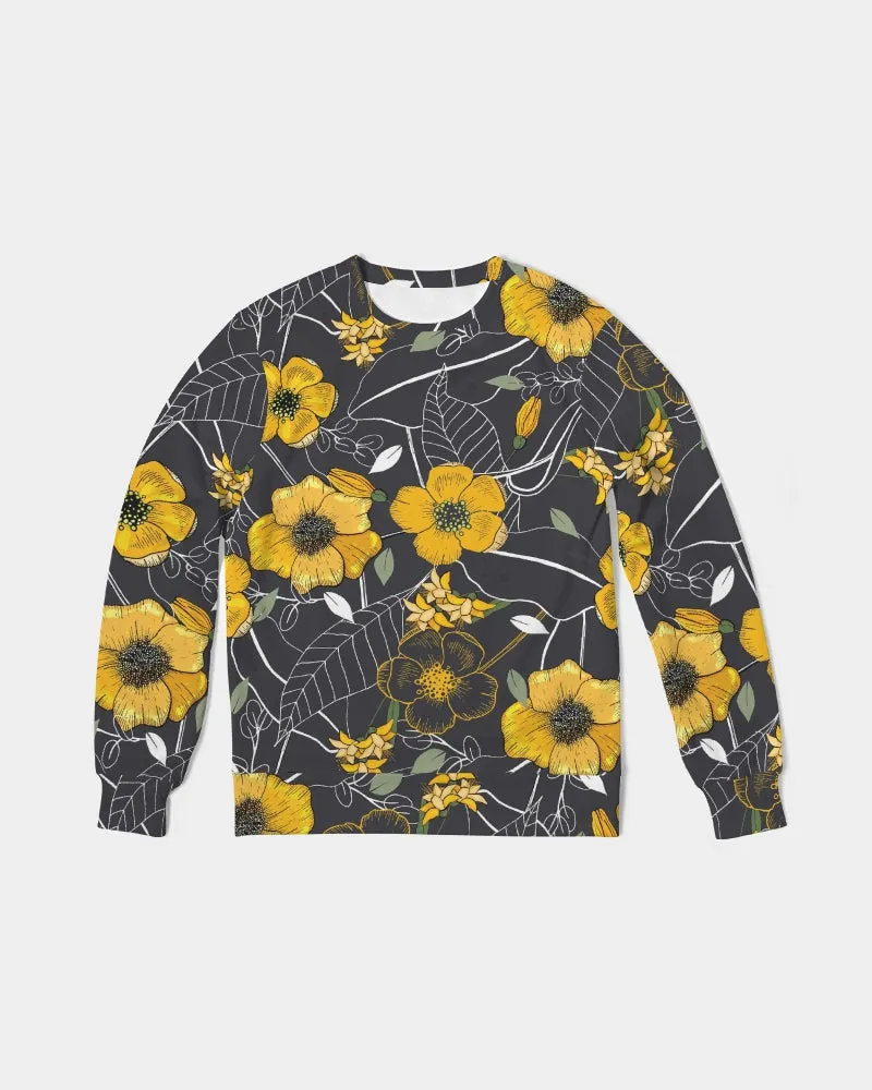Yellow Flowers & Tropical Leaves Charcoal French Terry Crewneck Pullover Sweatshirt