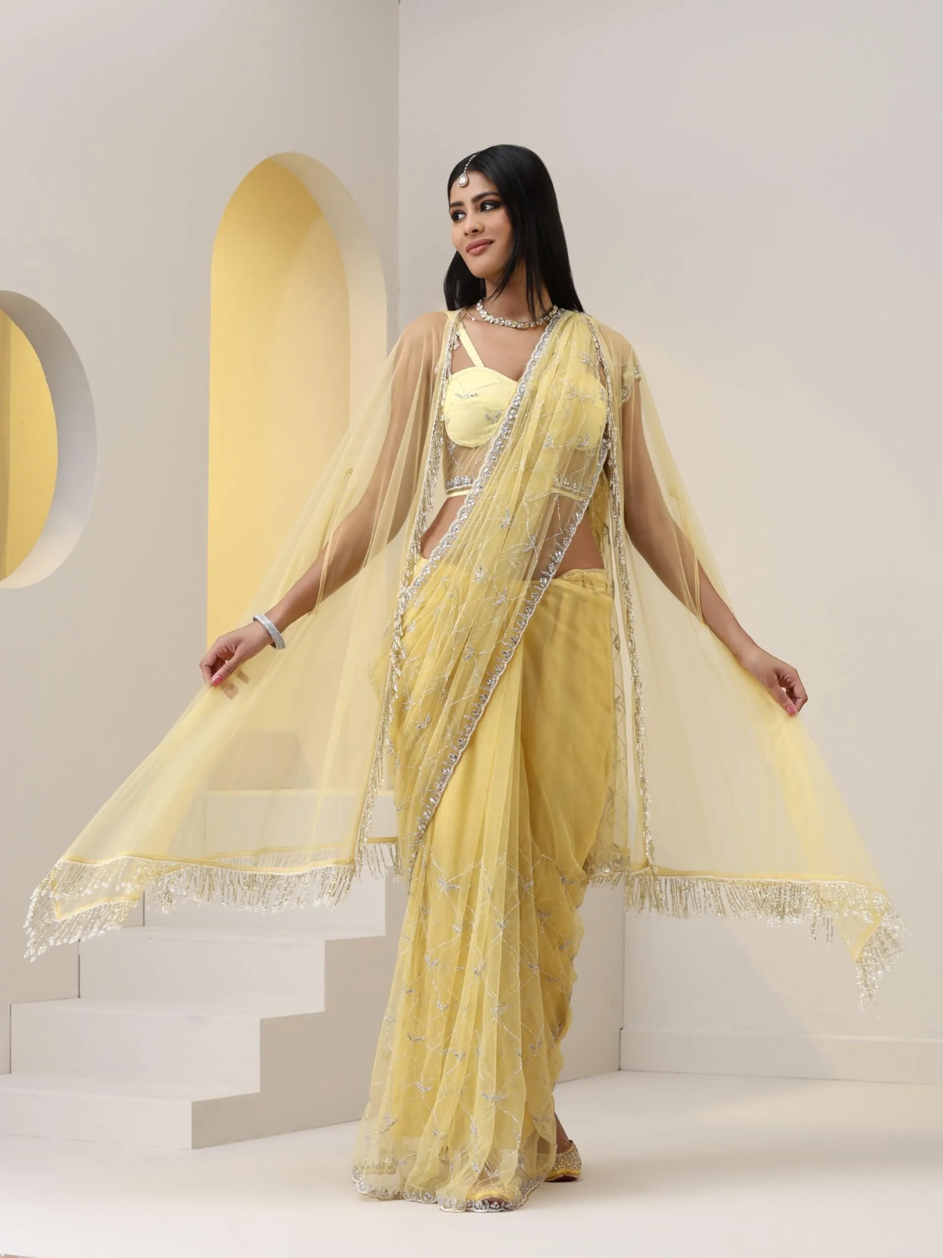 Yellow Net Jacket with Lace