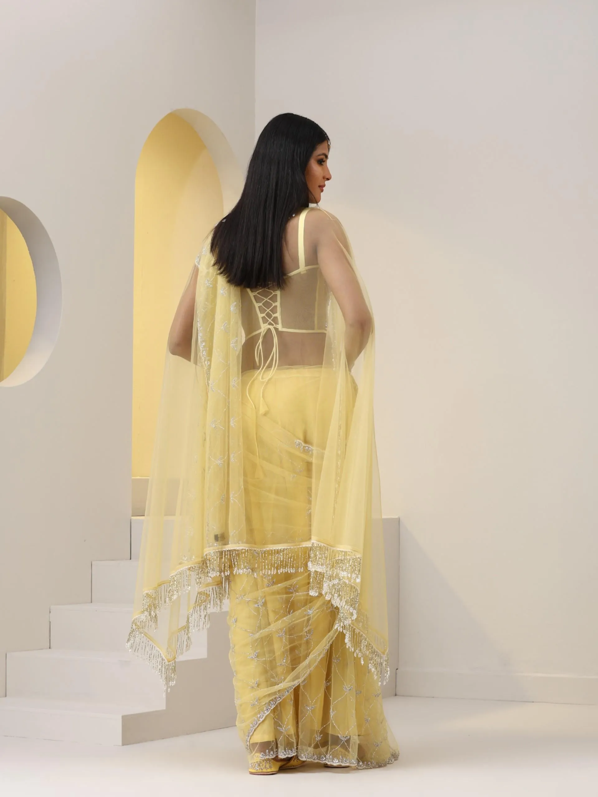 Yellow Net Jacket with Lace